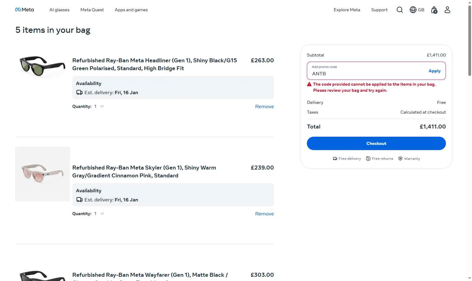 Ray-Ban Meta checkout page showing Ray-Ban Meta promo code box | Screenshot taken by SimplyCodes community member on Jan 14, 2026