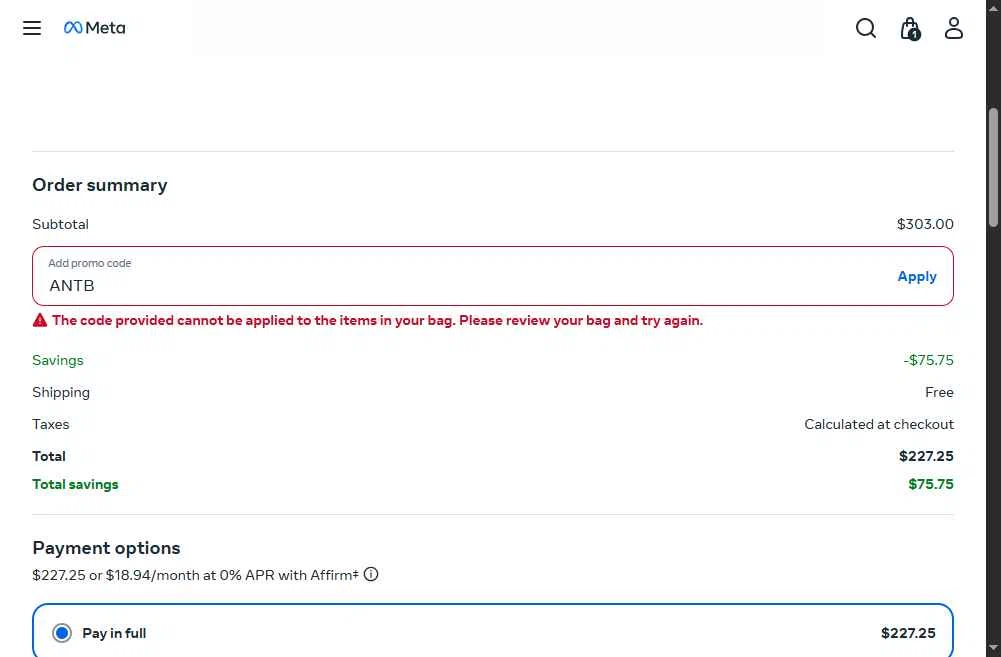 Ray-Ban Meta checkout page showing Ray-Ban Meta promo code box | Screenshot taken by SimplyCodes community member on Dec 26, 2025
