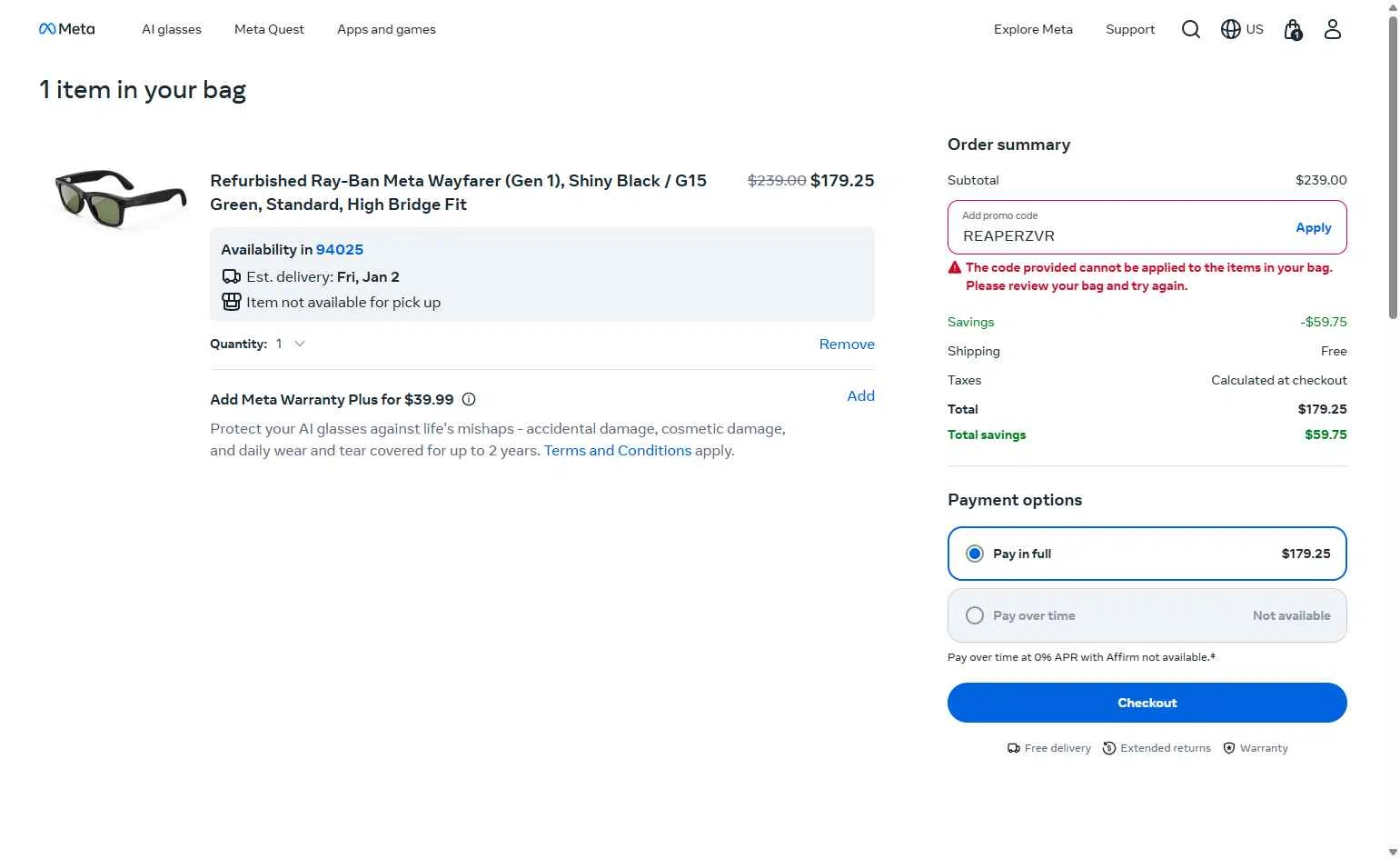 Ray-Ban Meta checkout page showing Ray-Ban Meta promo code box | Screenshot taken by SimplyCodes community member on Dec 26, 2025