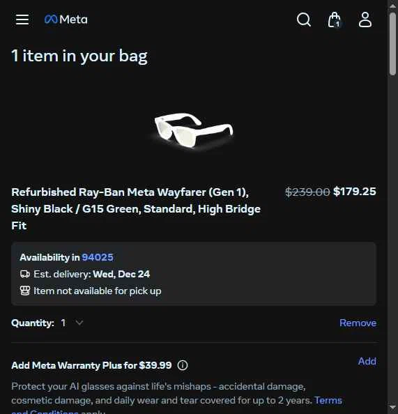 Ray-Ban Meta checkout page showing Ray-Ban Meta promo code box | Screenshot taken by SimplyCodes community member on Dec 20, 2025