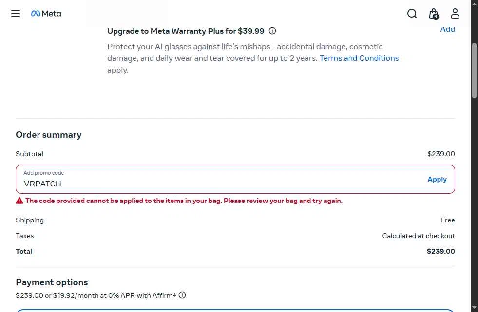 Ray-Ban Meta checkout page showing Ray-Ban Meta promo code box | Screenshot taken by SimplyCodes community member on Dec 4, 2025
