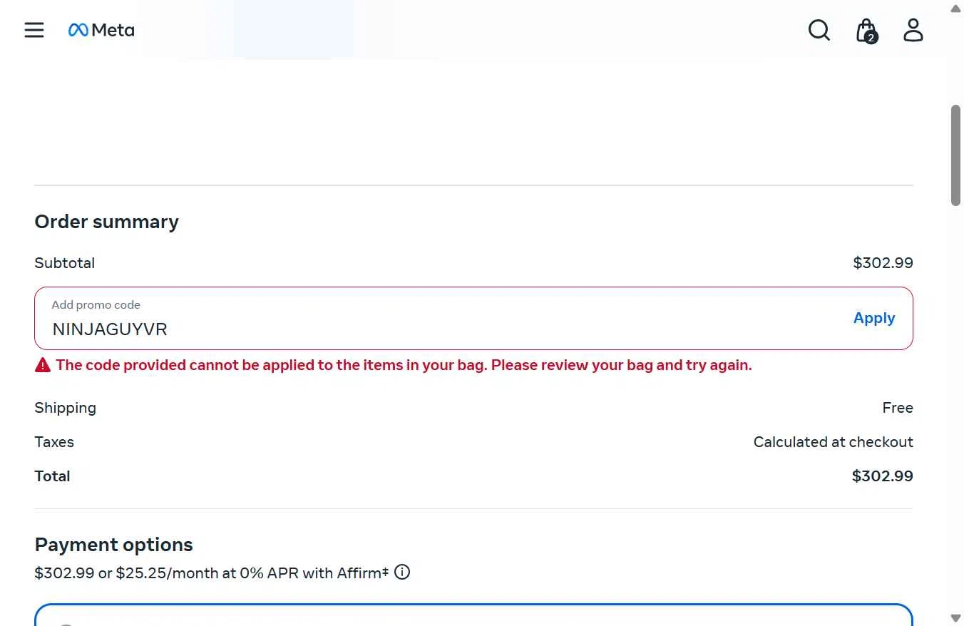 Ray-Ban Meta checkout page showing Ray-Ban Meta promo code box | Screenshot taken by SimplyCodes community member on Jan 29, 2026