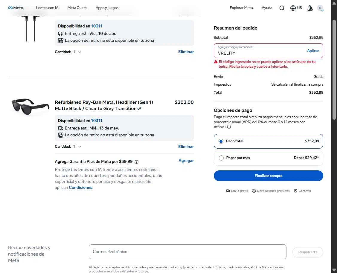 Verification screenshot for 15% Off Select Items at Ray-Ban Meta - 2mo ago