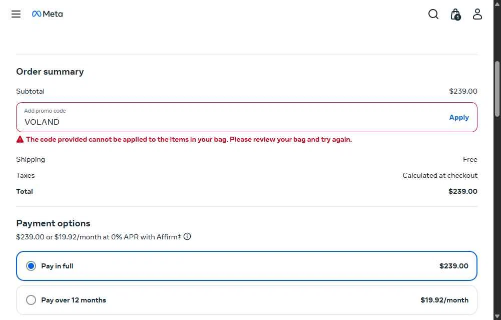 Ray-Ban Meta checkout page showing Ray-Ban Meta promo code box | Screenshot taken by SimplyCodes community member on Dec 5, 2025
