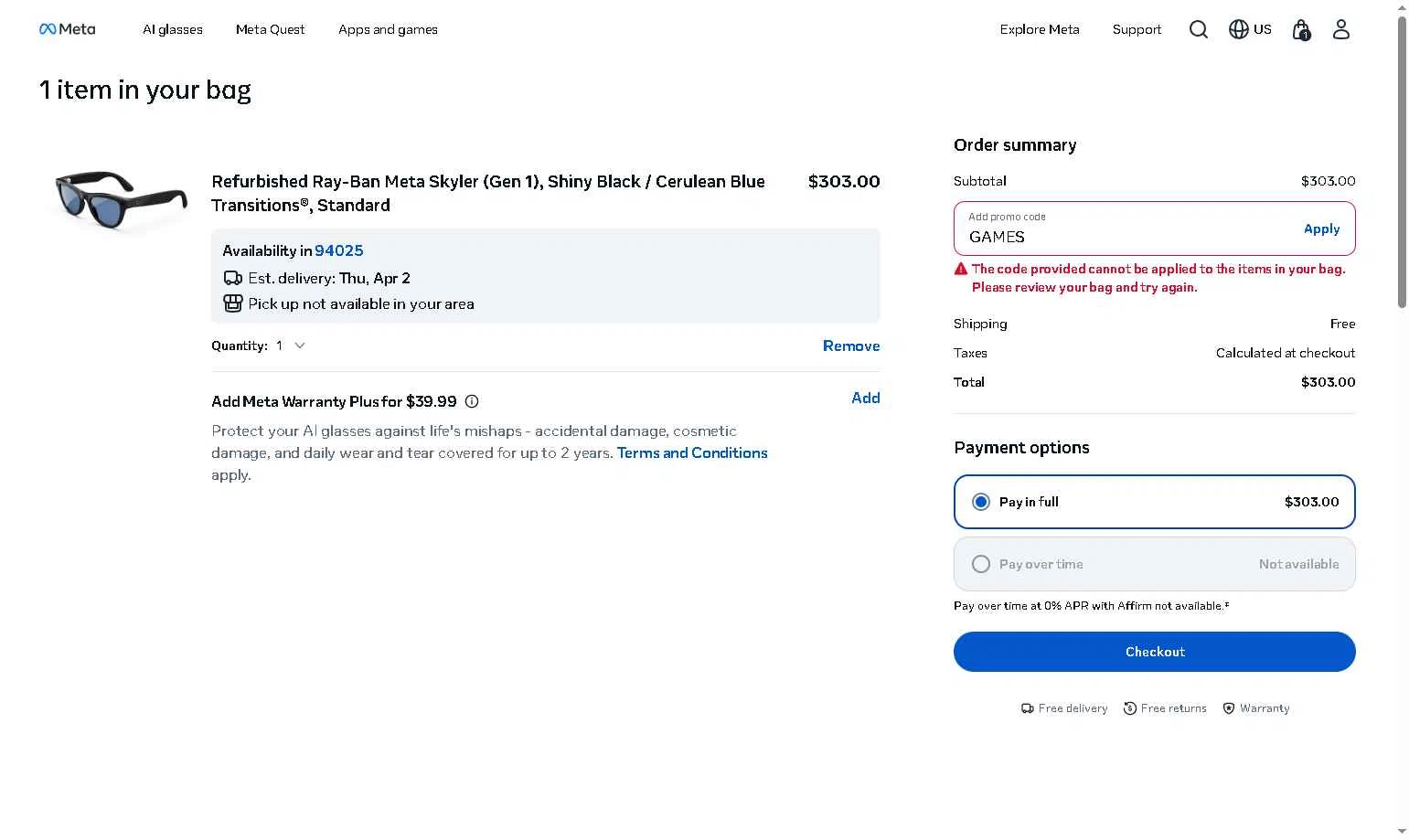 Verification screenshot for 5% Off Select Items at Ray-Ban Meta - 3mo ago