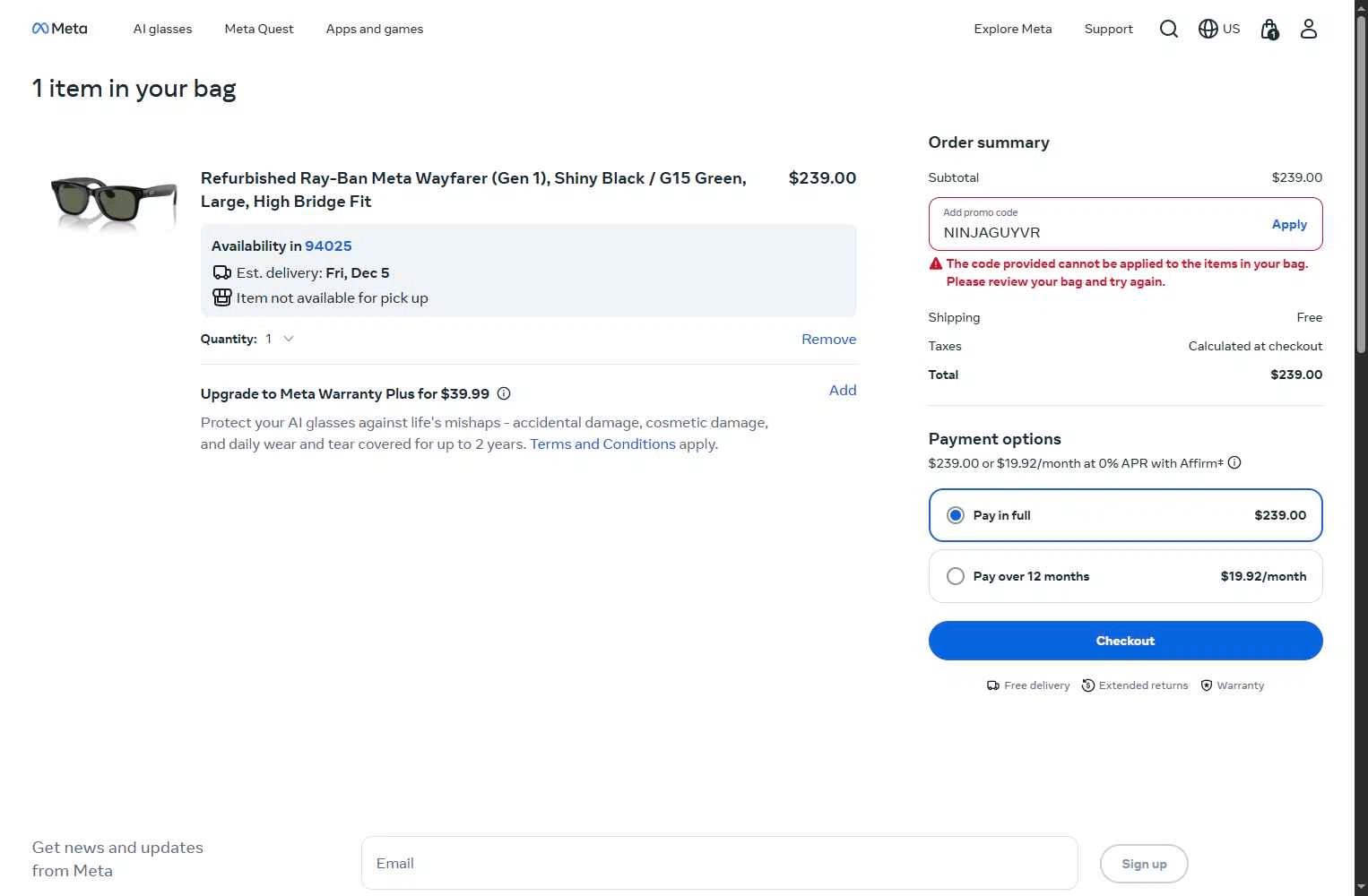Ray-Ban Meta checkout page showing Ray-Ban Meta promo code box | Screenshot taken by SimplyCodes community member on Dec 4, 2025