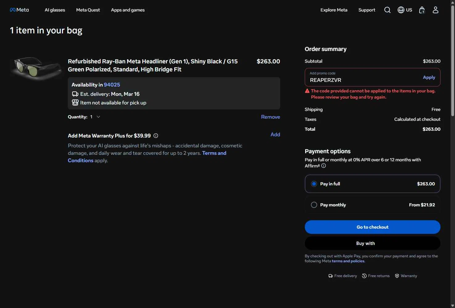 Verification screenshot for 20% Off Select Items at Ray-Ban Meta - 3mo ago
