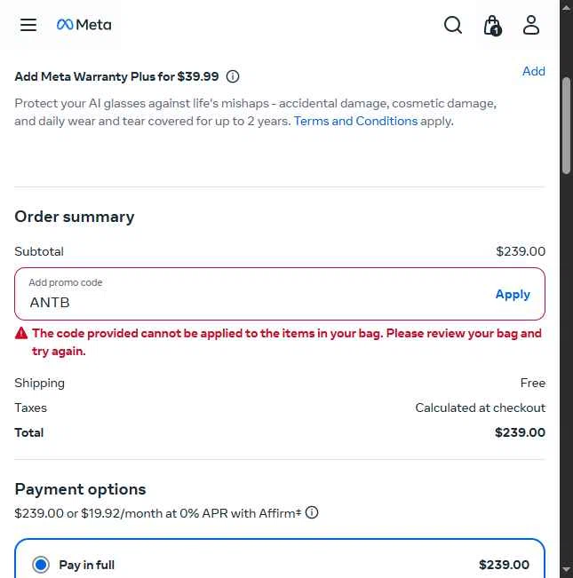 Ray-Ban Meta checkout page showing Ray-Ban Meta promo code box | Screenshot taken by SimplyCodes community member on Jan 21, 2026
