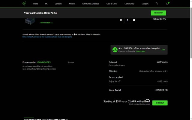 Razer US checkout page showing Razer US promo code box | Screenshot taken by SimplyCodes community member on Jul 28, 2025