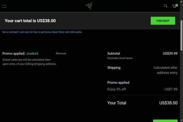 Razer US checkout page showing Razer US promo code box | Screenshot taken by SimplyCodes community member on Jul 28, 2025