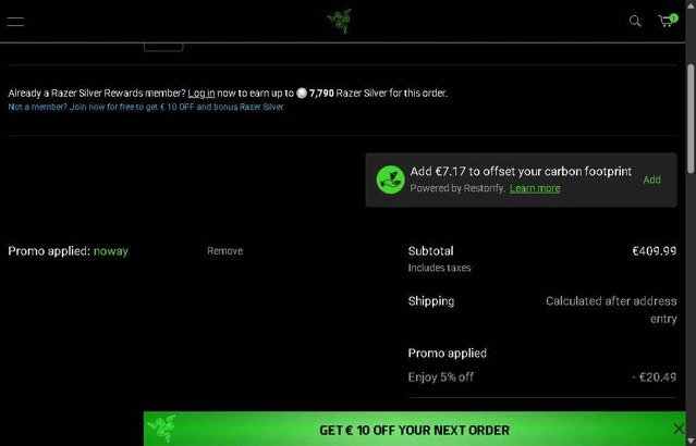 Razer EU checkout page showing Razer EU promo code box | Screenshot taken by SimplyCodes community member on Aug 10, 2025