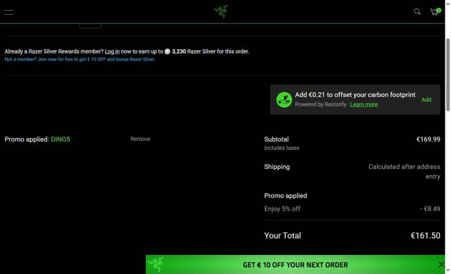 Razer EU checkout page showing Razer EU promo code box | Screenshot taken by SimplyCodes community member on Aug 6, 2025