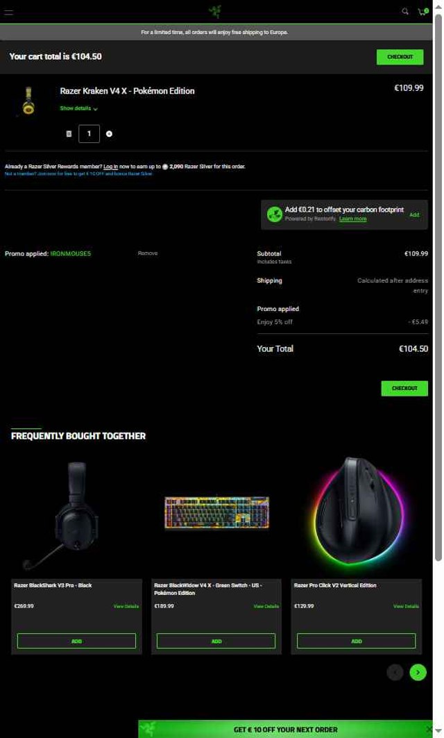 Razer EU checkout page showing Razer EU promo code box | Screenshot taken by SimplyCodes community member on Aug 29, 2025