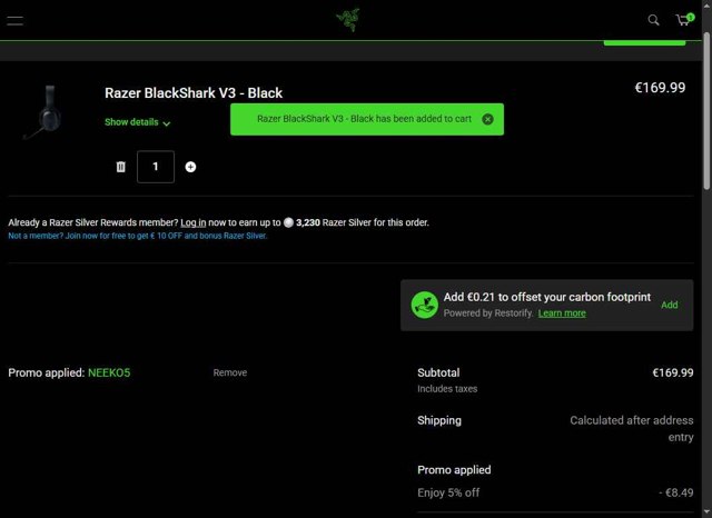 Razer EU checkout page showing Razer EU promo code box | Screenshot taken by SimplyCodes community member on Aug 29, 2025