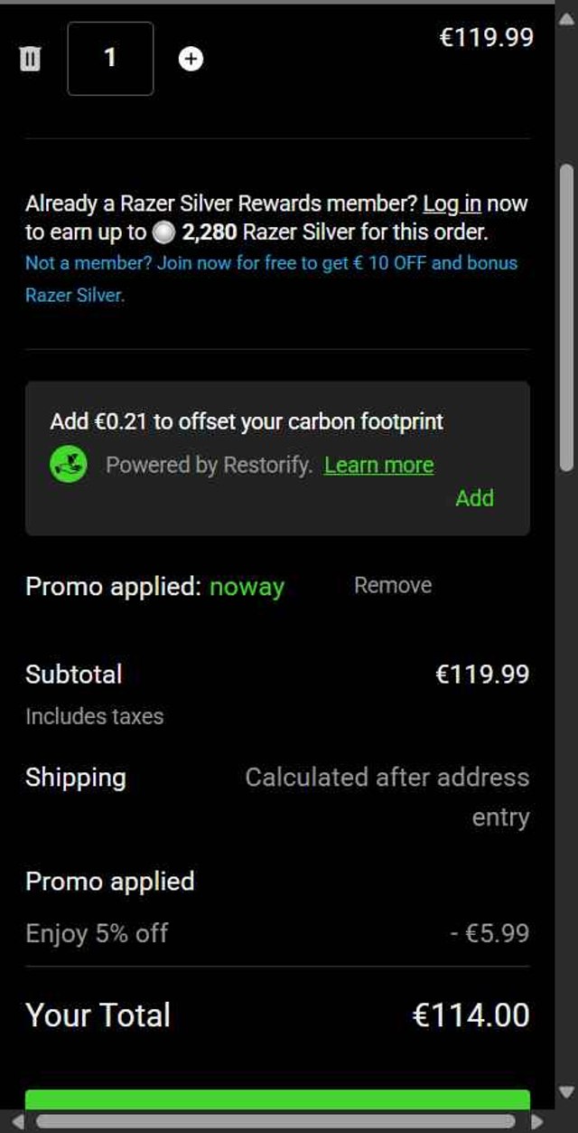 Razer EU checkout page showing Razer EU promo code box | Screenshot taken by SimplyCodes community member on Jul 24, 2025
