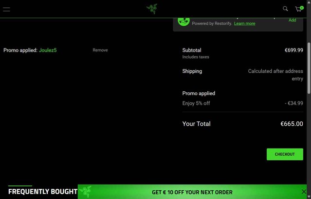 Razer EU checkout page showing Razer EU promo code box | Screenshot taken by SimplyCodes community member on Aug 12, 2025