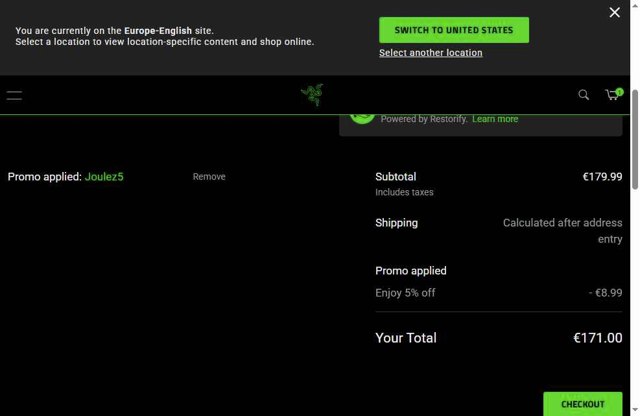 Razer EU checkout page showing Razer EU promo code box | Screenshot taken by SimplyCodes community member on Jul 14, 2025