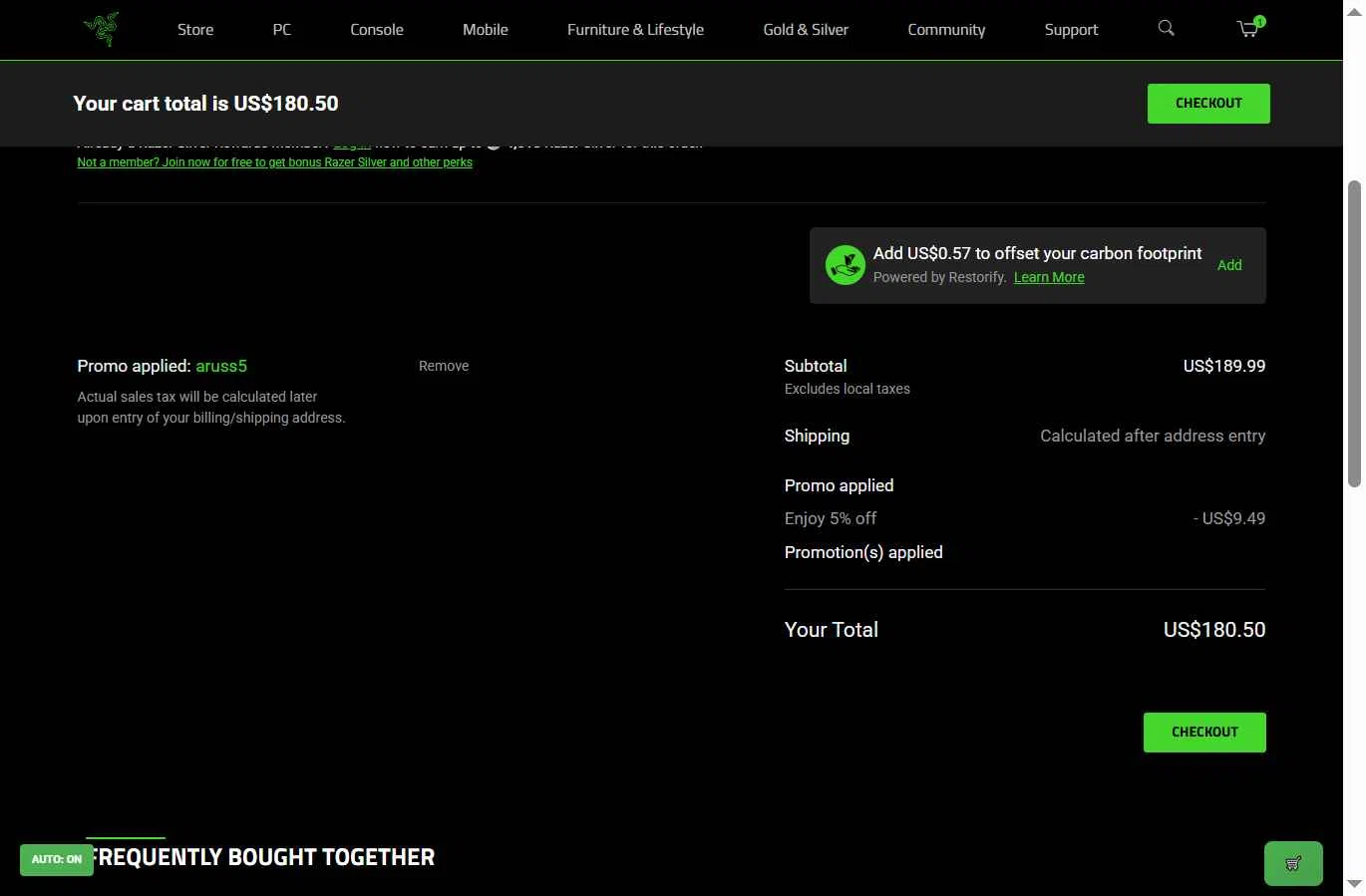 Razer Gold Partner checkout page showing Razer Gold Partner promo code box | Screenshot taken by SimplyCodes community member on Nov 25, 2025