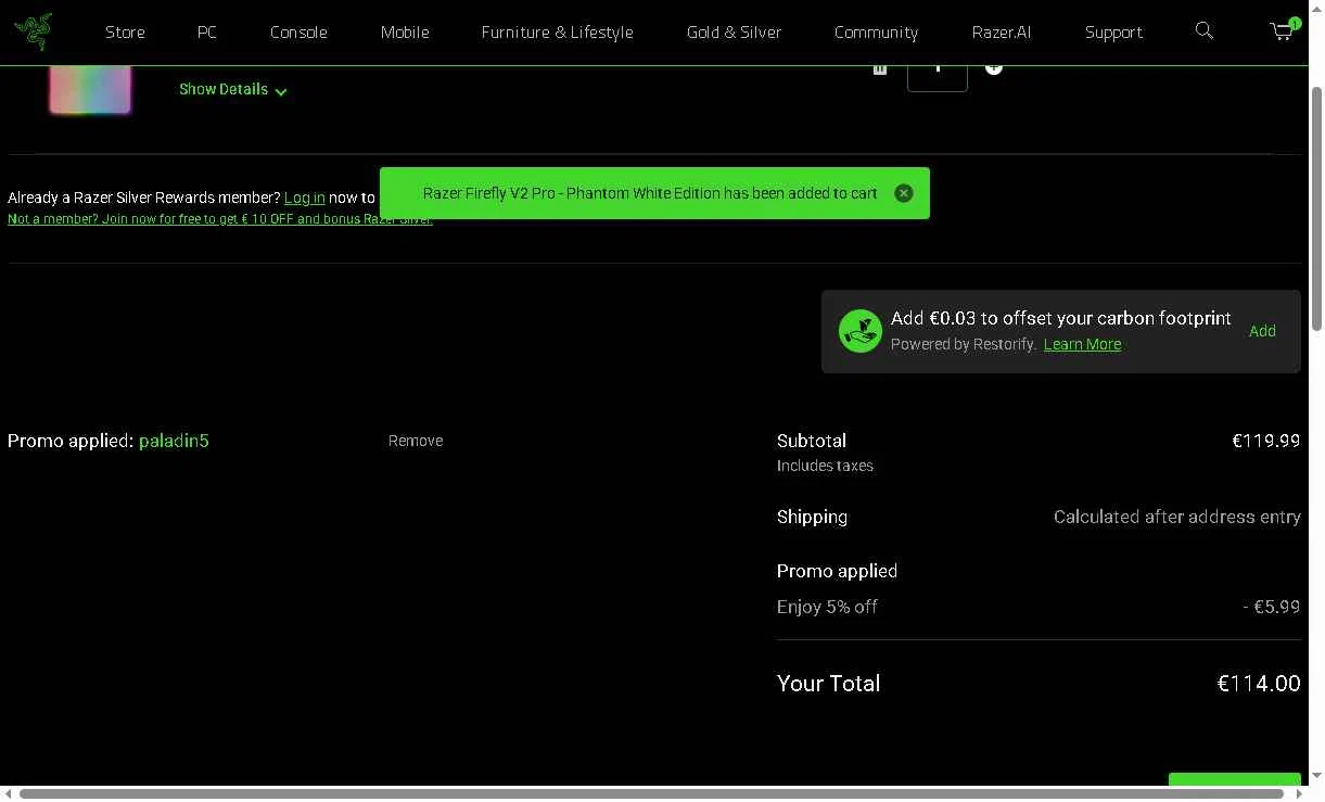 Razer Gold Partner checkout page showing Razer Gold Partner promo code box | Screenshot taken by SimplyCodes community member on Jan 3, 2026