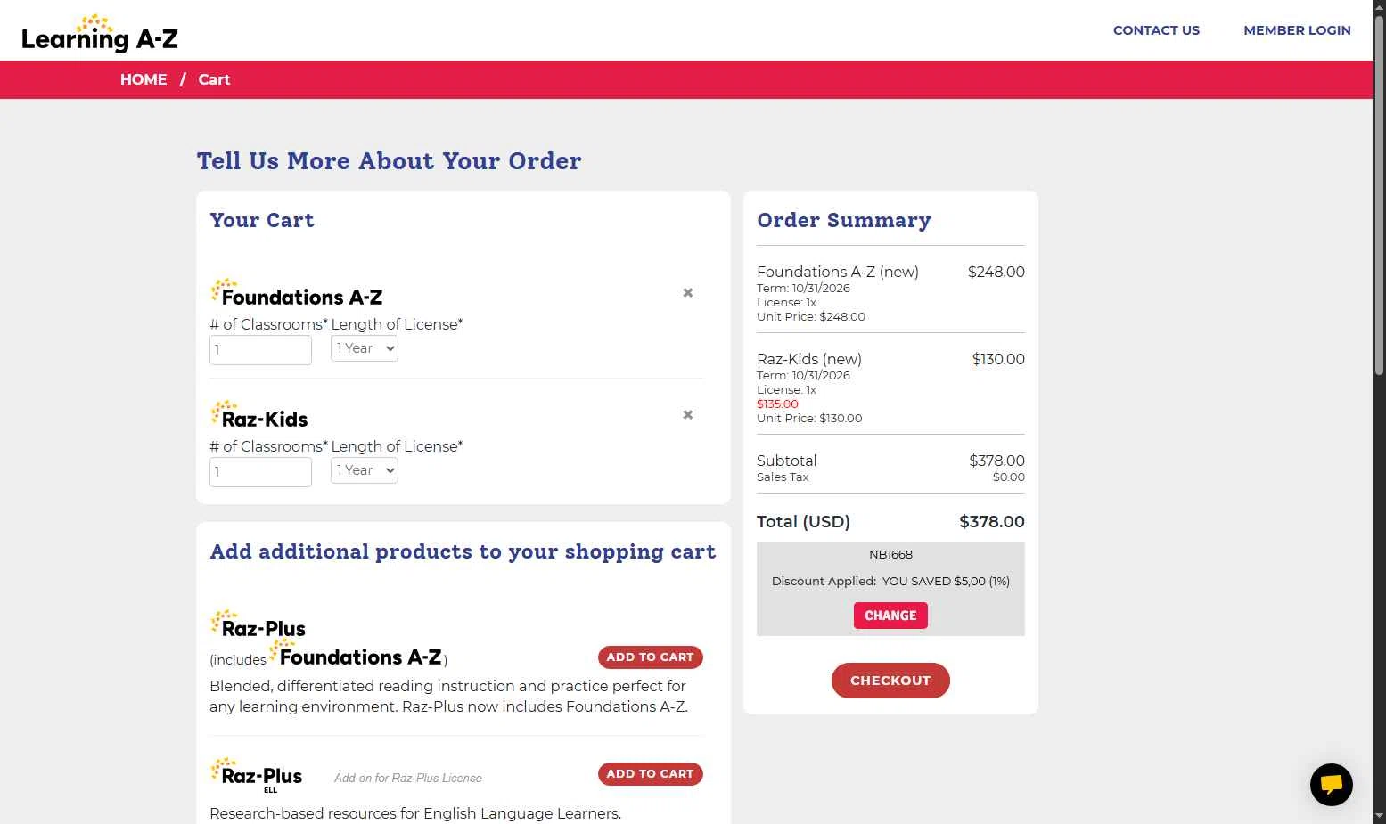 Raz-Kids checkout page showing Raz-Kids promo code box | Screenshot taken by SimplyCodes community member on Oct 31, 2025