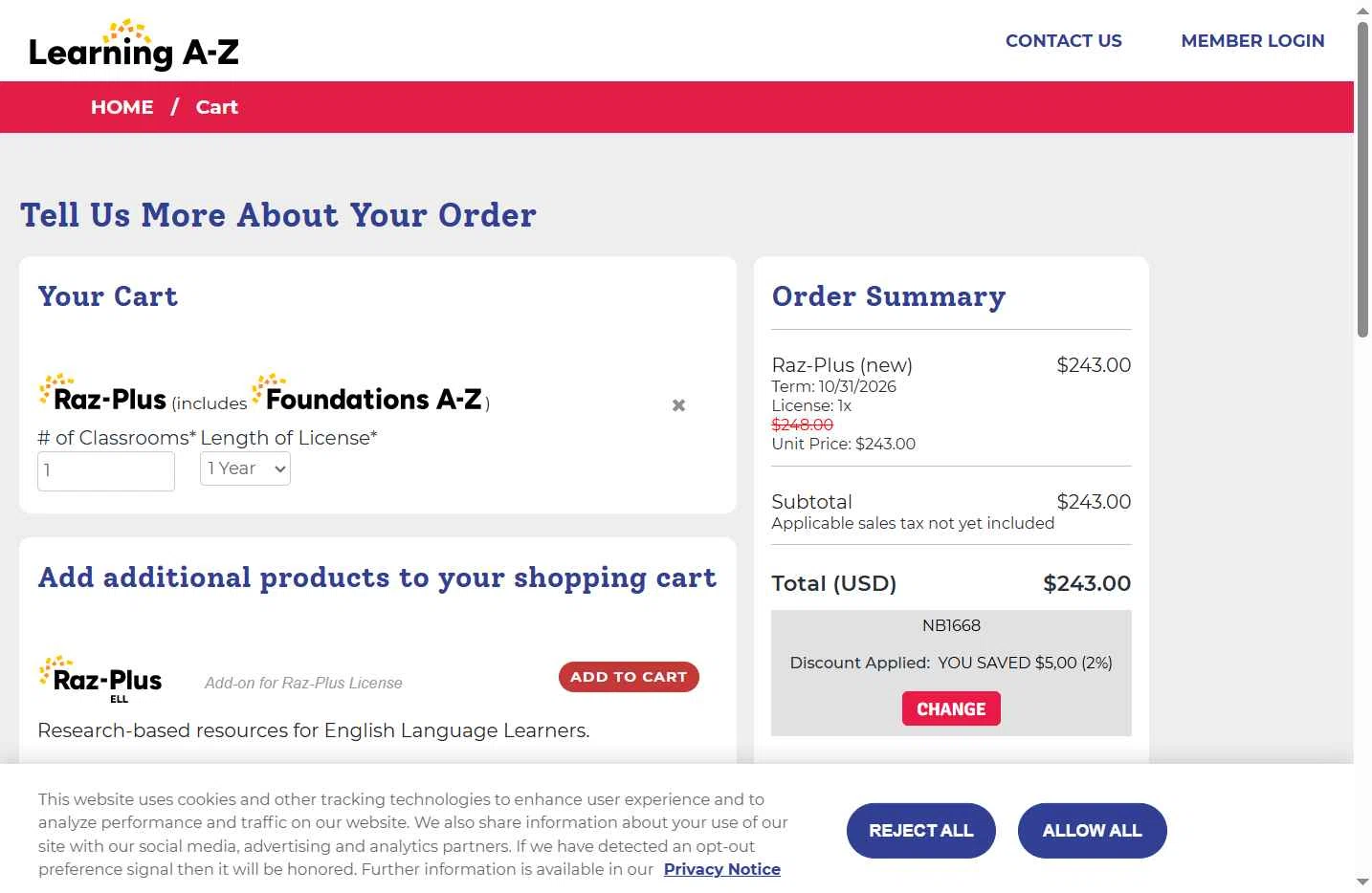 Raz-Kids checkout page showing Raz-Kids promo code box | Screenshot taken by SimplyCodes community member on Oct 31, 2025