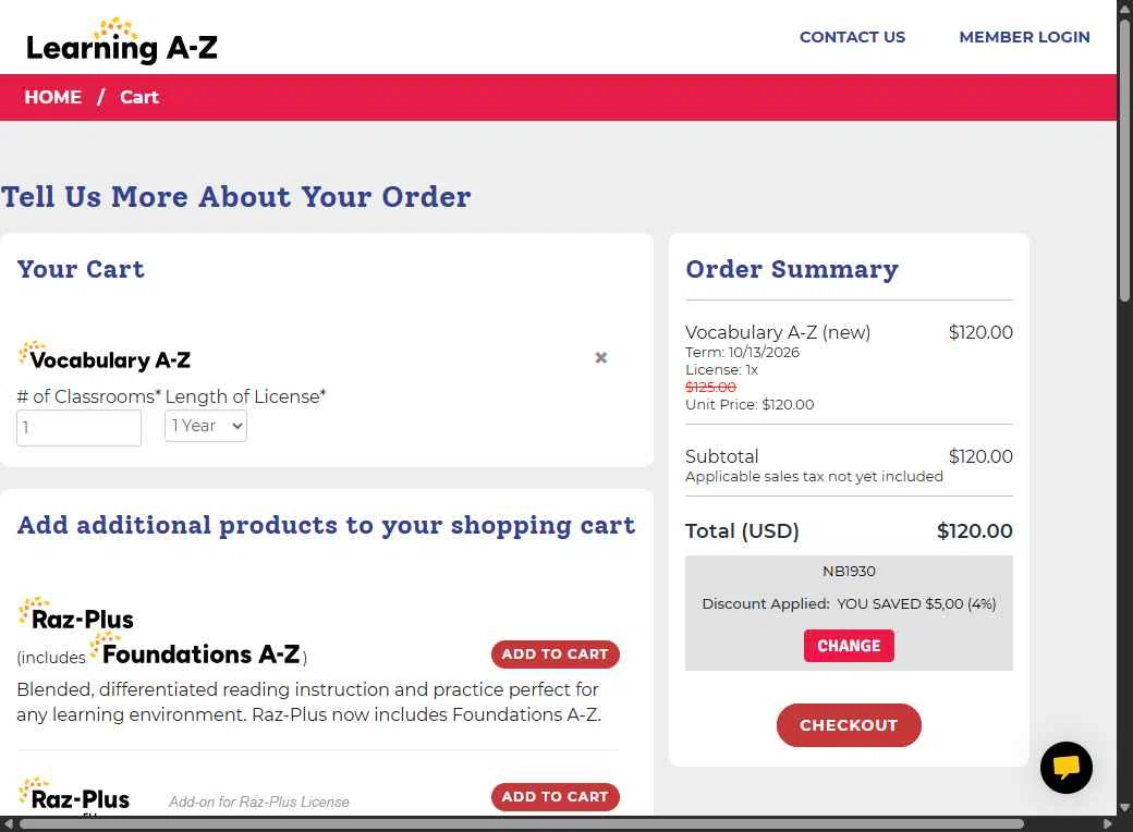 Raz-Kids checkout page showing Raz-Kids promo code box | Screenshot taken by SimplyCodes community member on Oct 13, 2025