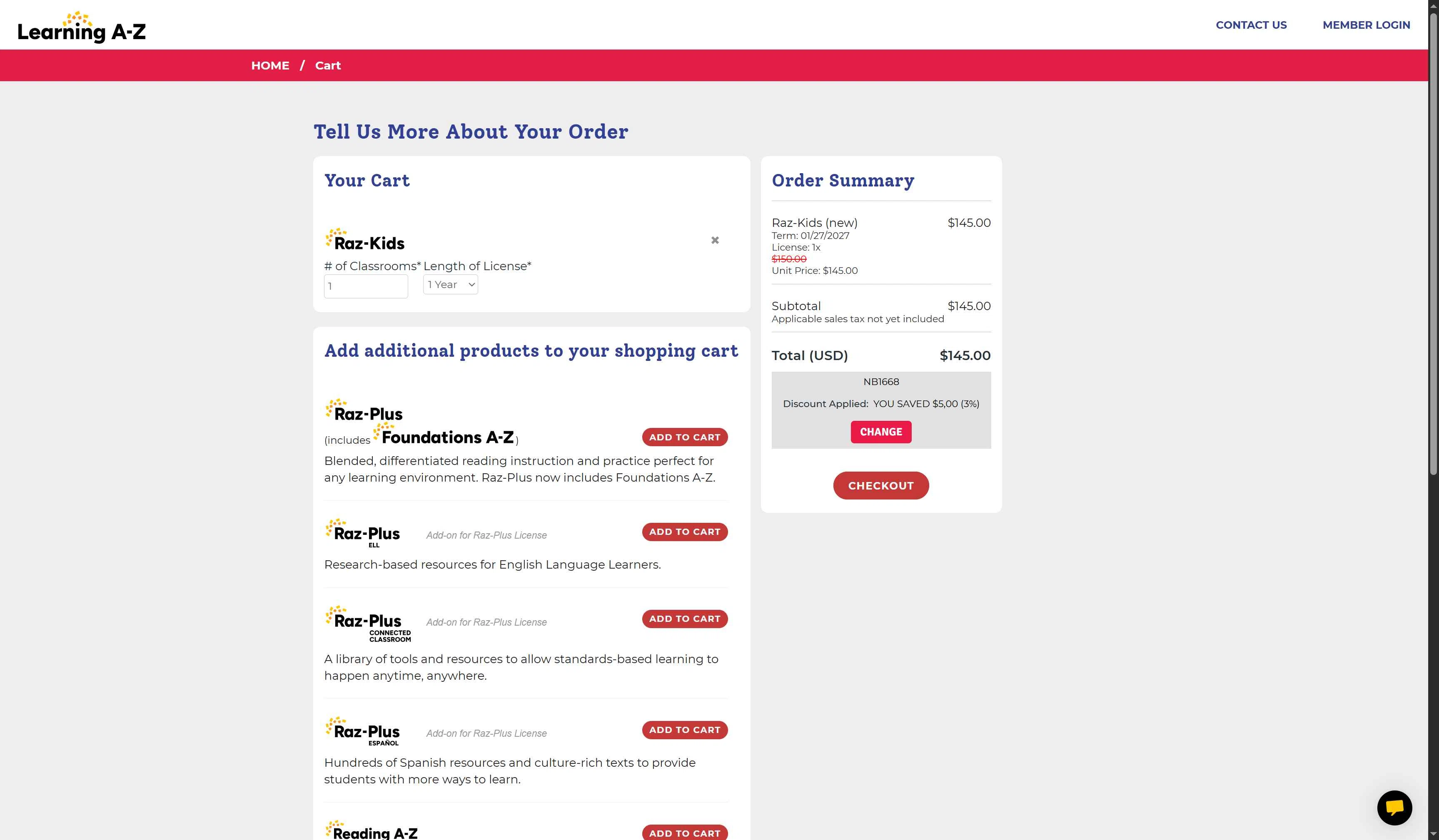 Raz-Kids checkout page showing Raz-Kids promo code box | Screenshot taken by SimplyCodes community member on Jan 27, 2026