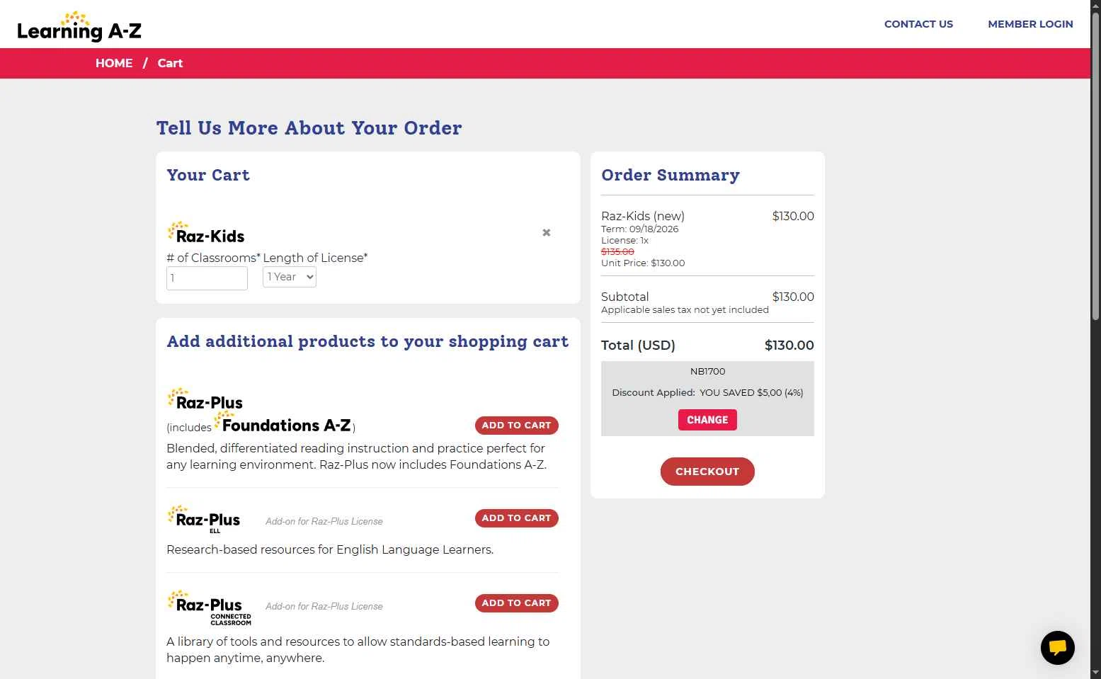 Raz-Kids checkout page showing Raz-Kids promo code box | Screenshot taken by SimplyCodes community member on Sep 19, 2025