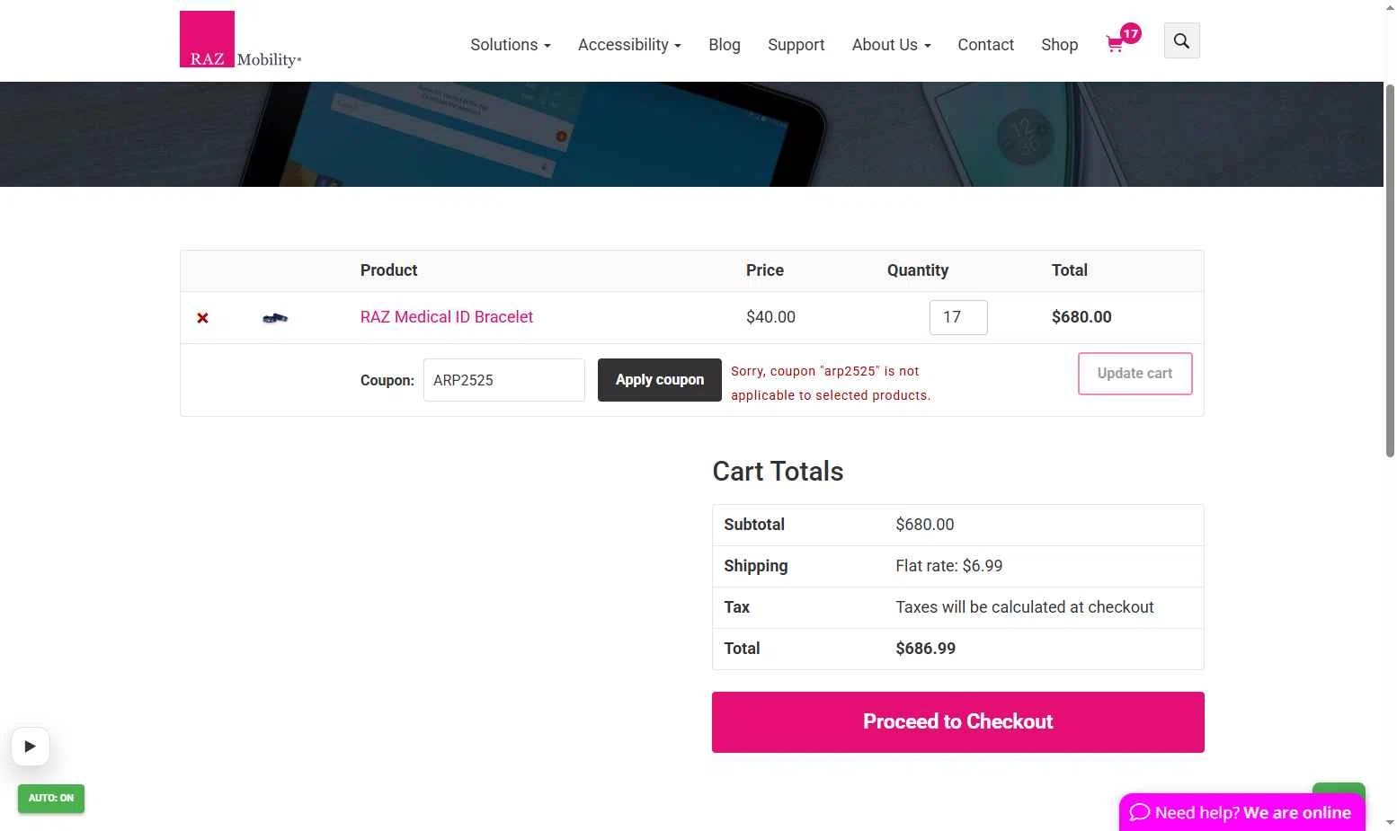RAZ Mobility checkout page showing RAZ Mobility coupon code box | Screenshot taken by SimplyCodes community member on Jan 29, 2026