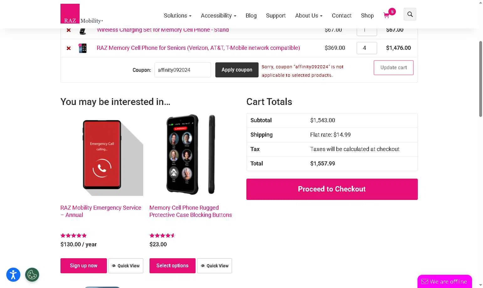 RAZ Mobility checkout page showing RAZ Mobility coupon code box | Screenshot taken by SimplyCodes community member on Jan 14, 2026