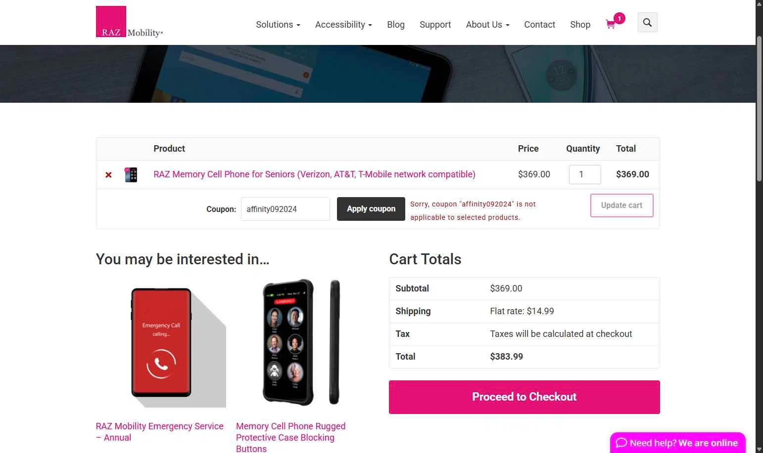 RAZ Mobility checkout page showing RAZ Mobility coupon code box | Screenshot taken by SimplyCodes community member on Feb 3, 2026