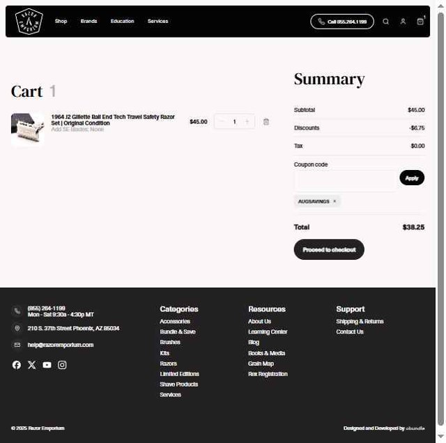 Razor Emporium checkout page showing Razor Emporium discount code box | Screenshot taken by SimplyCodes community member on Aug 15, 2025