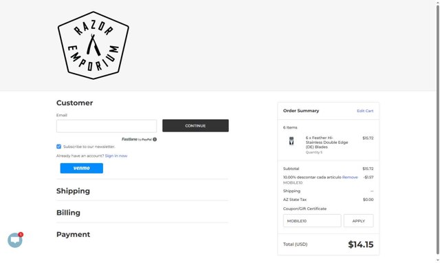 Razor Emporium checkout page showing Razor Emporium discount code box | Screenshot taken by SimplyCodes community member on Sep 4, 2025