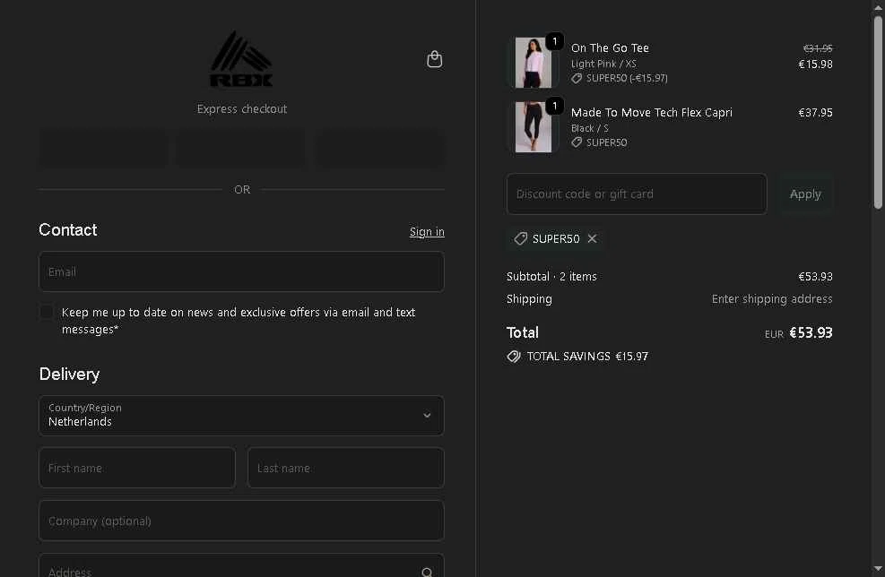RBX Active checkout page showing RBX Active coupon code box | Screenshot taken by SimplyCodes community member on Feb 7, 2026