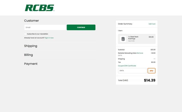 RCBS checkout page showing RCBS promo code box | Screenshot taken by SimplyCodes community member on Sep 6, 2025