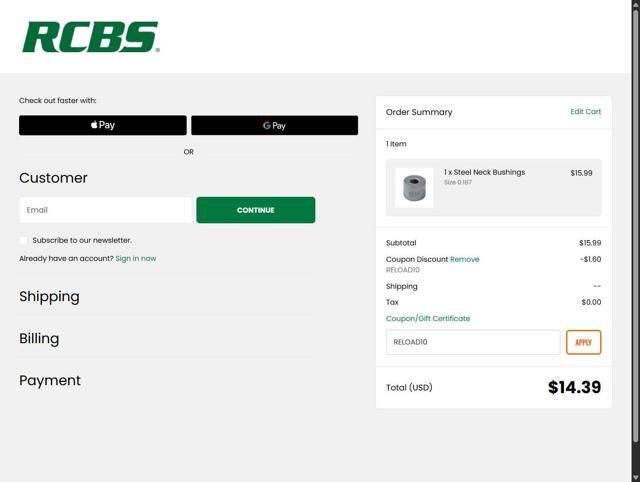 RCBS checkout page showing RCBS promo code box | Screenshot taken by SimplyCodes community member on Sep 5, 2025