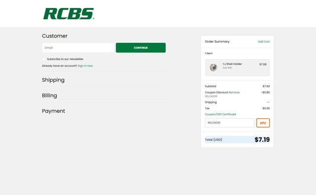 RCBS checkout page showing RCBS promo code box | Screenshot taken by SimplyCodes community member on Oct 4, 2025