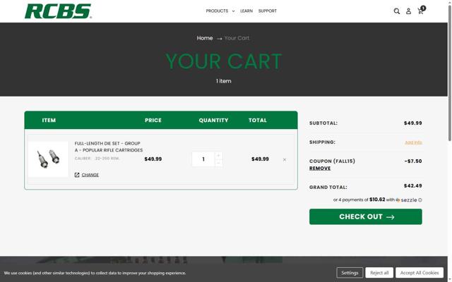 RCBS checkout page showing RCBS promo code box | Screenshot taken by SimplyCodes community member on Sep 12, 2025