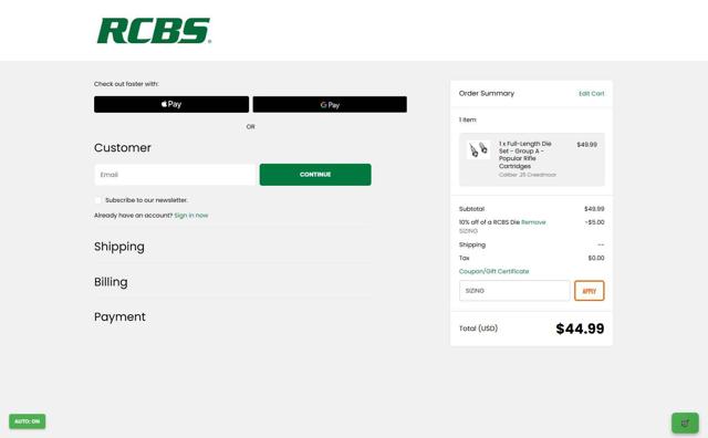 RCBS checkout page showing RCBS promo code box | Screenshot taken by SimplyCodes community member on Sep 16, 2025