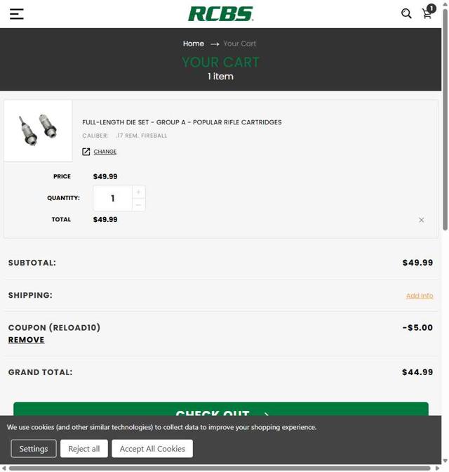 RCBS checkout page showing RCBS promo code box | Screenshot taken by SimplyCodes community member on Sep 5, 2025