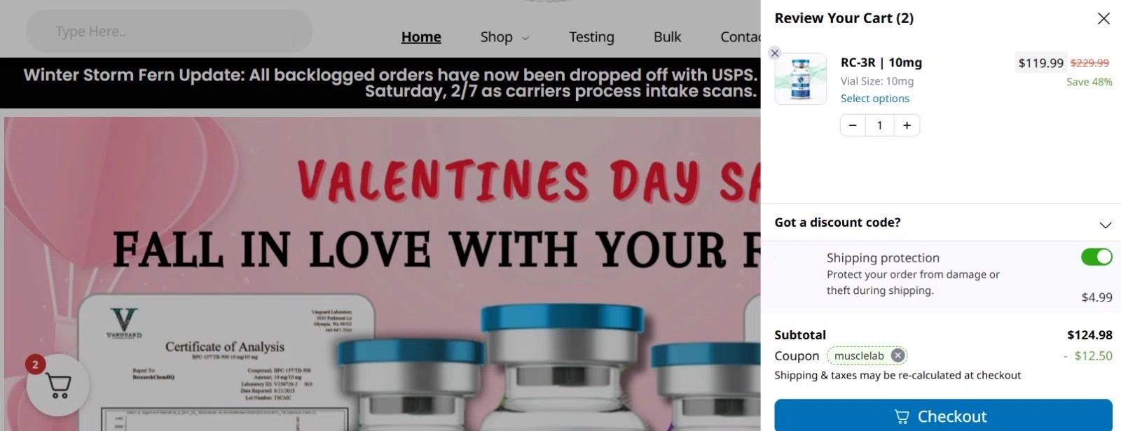 RCHQ Peptide promo code screenshot showing code musclelab applied at RCHQ Peptide checkout page. Uploaded by SimplyCodes community member ShieldWarden5085 on Feb 8, 2026