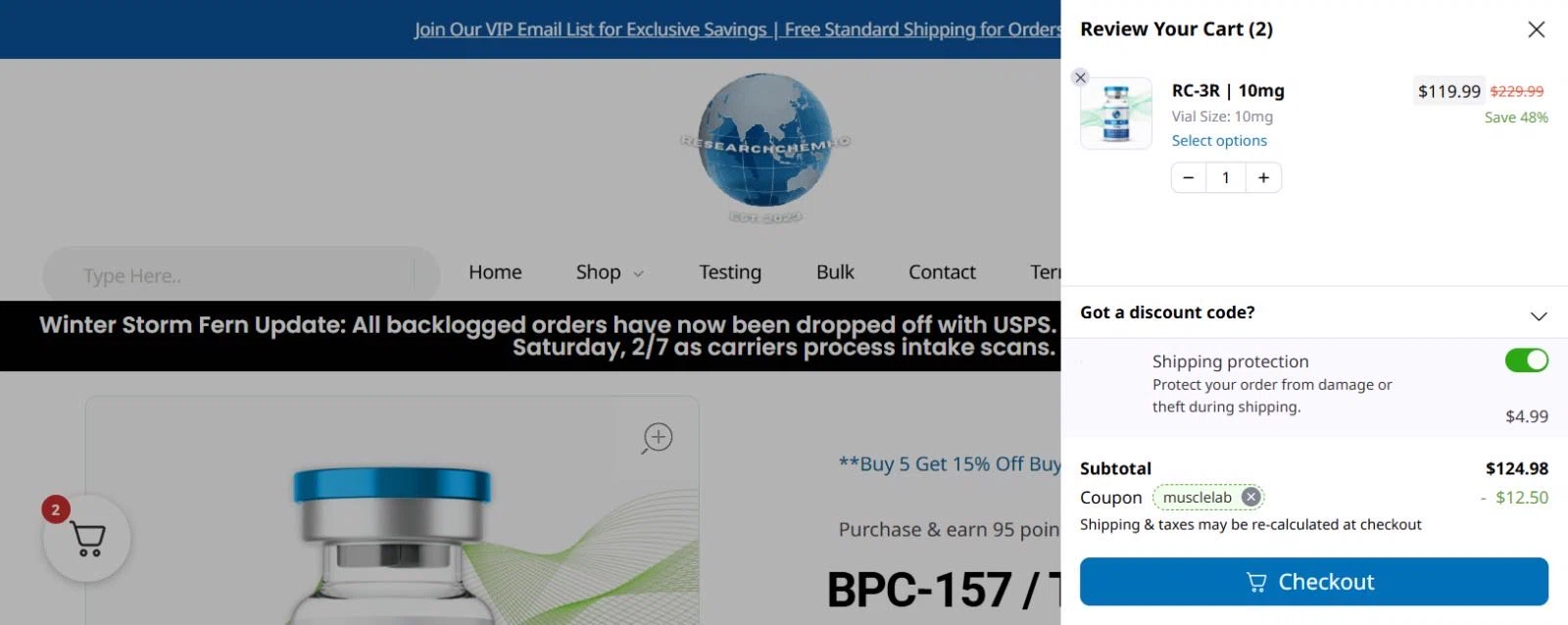 RCHQ Peptide promo code screenshot showing code musclelab applied at RCHQ Peptide checkout page. Uploaded by SimplyCodes community member ShieldWarden5085 on Feb 7, 2026