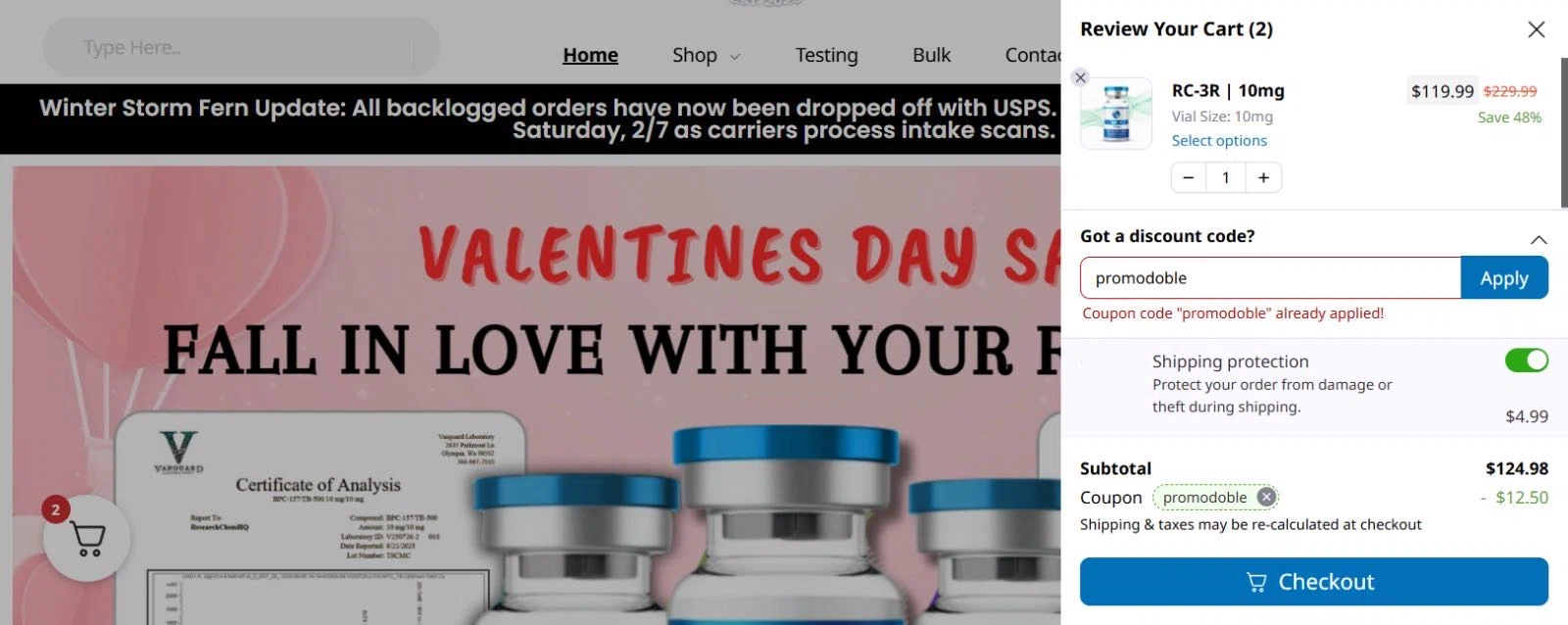 RCHQ Peptide promo code screenshot showing code promodoble applied at RCHQ Peptide checkout page. Uploaded by SimplyCodes community member ShieldWarden5085 on Feb 10, 2026