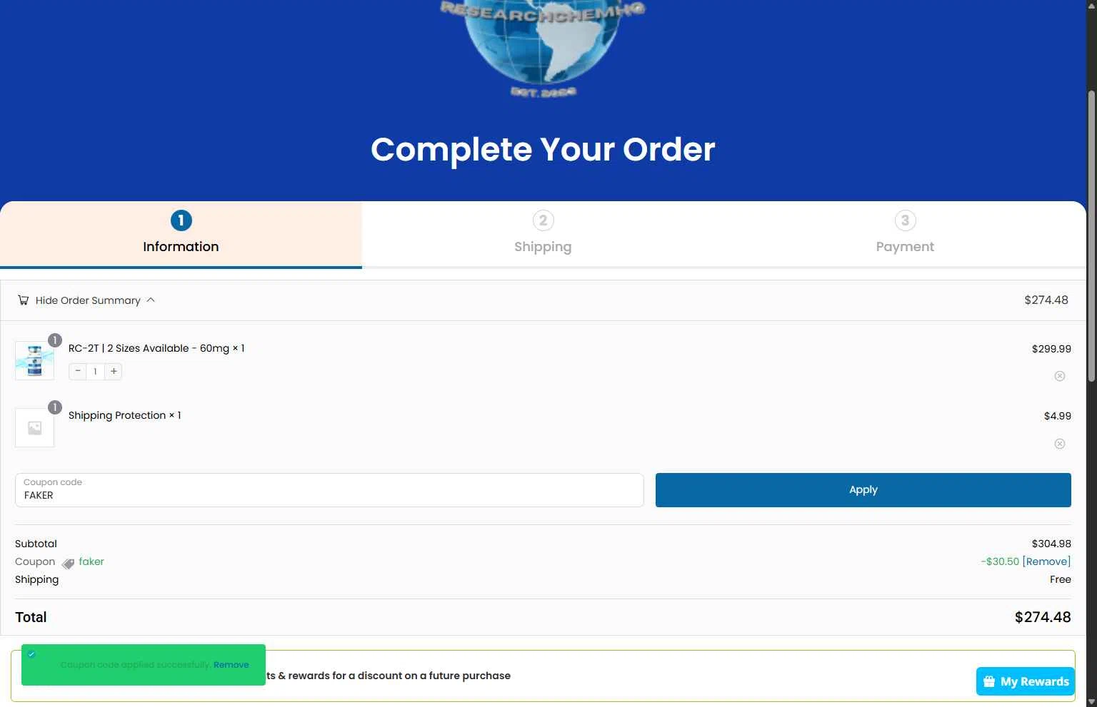 RCHQ Peptide checkout page showing RCHQ Peptide promo code box | Screenshot taken by SimplyCodes community member on Jan 29, 2026