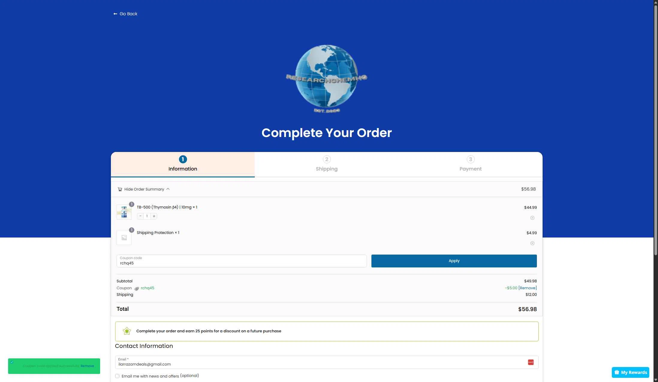 RCHQ Peptide checkout page showing RCHQ Peptide promo code box | Screenshot taken by SimplyCodes community member on Jan 12, 2026