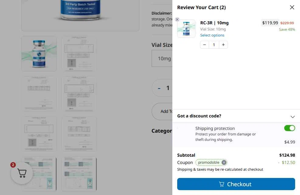 RCHQ Peptide checkout page showing RCHQ Peptide promo code box | Screenshot taken by SimplyCodes community member on Feb 8, 2026