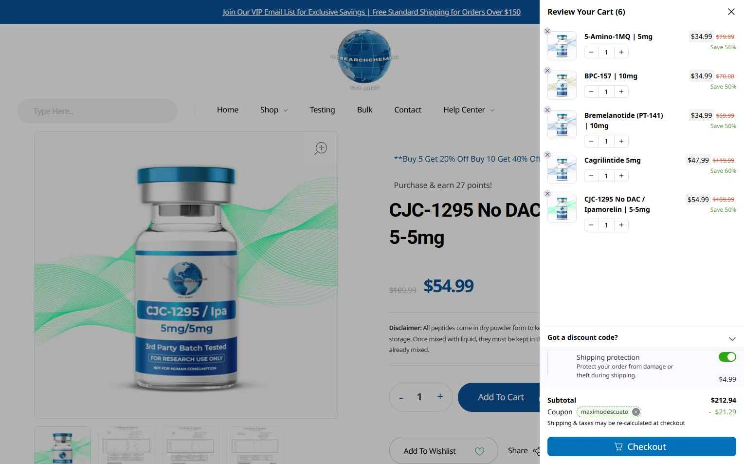 RCHQ Peptide checkout page showing RCHQ Peptide promo code box | Screenshot taken by SimplyCodes community member on Jan 5, 2026