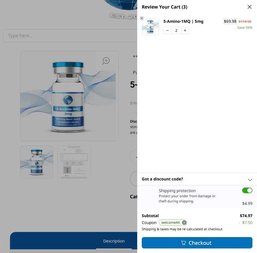 RCHQ Peptide checkout page showing RCHQ Peptide promo code box | Screenshot taken by SimplyCodes community member on Jan 4, 2026