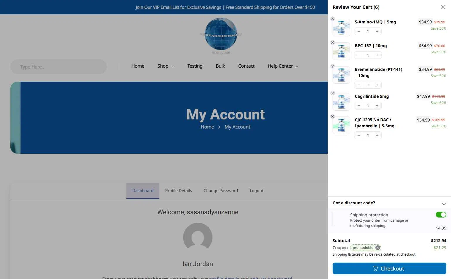 RCHQ Peptide checkout page showing RCHQ Peptide promo code box | Screenshot taken by SimplyCodes community member on Jan 8, 2026