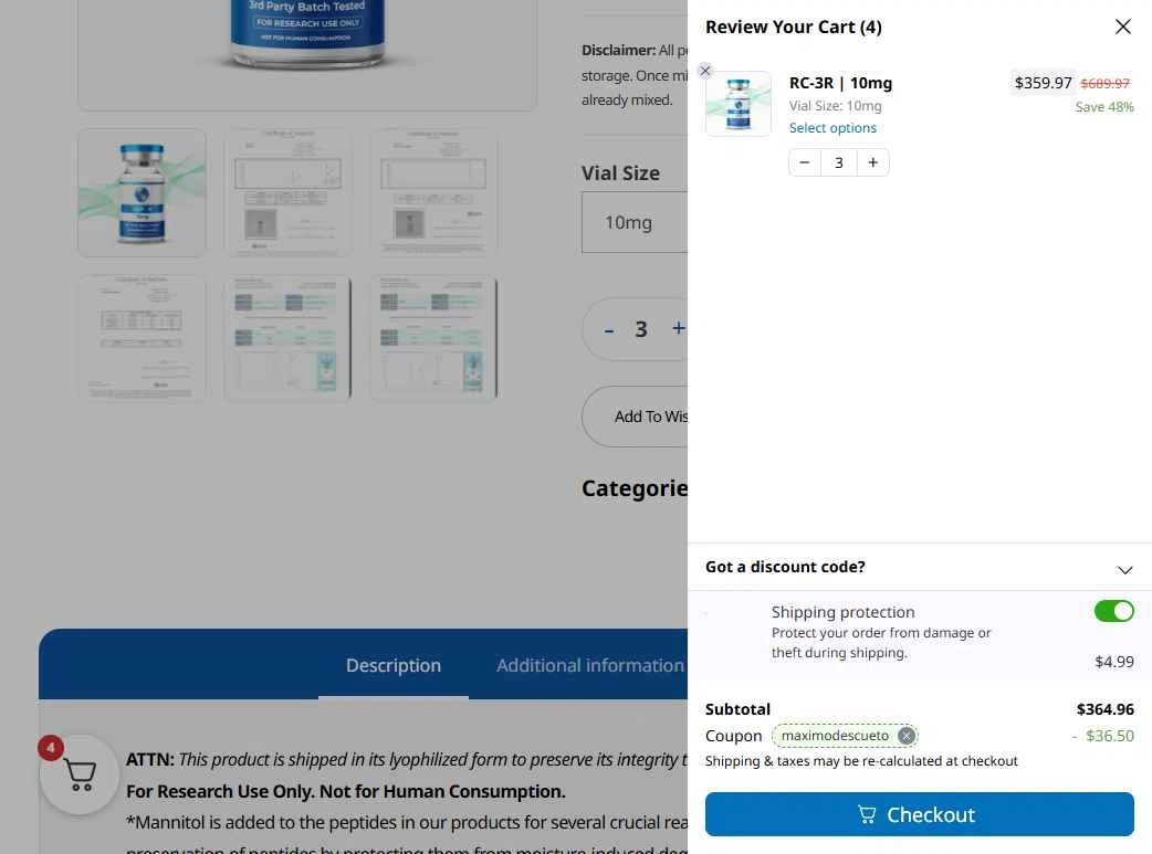 RCHQ Peptide checkout page showing RCHQ Peptide promo code box | Screenshot taken by SimplyCodes community member on Feb 3, 2026